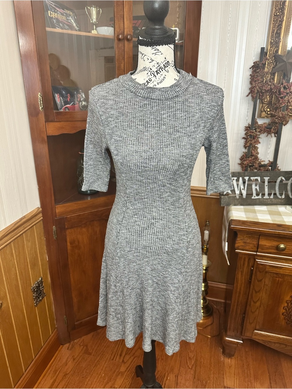 Aiden Gray Ribbed Midi Fit-and-Flare Dress